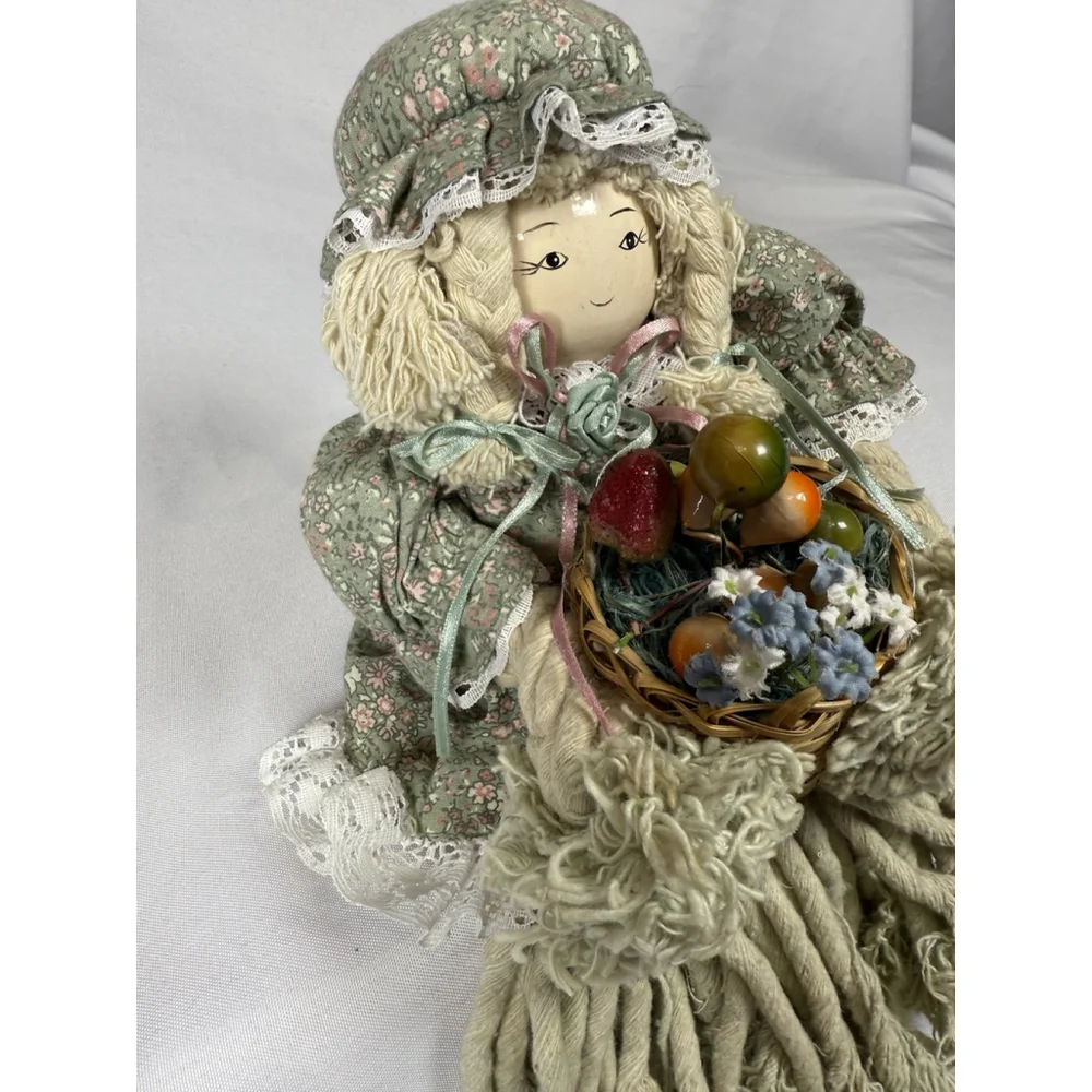 Vintage Mop Doll Shelf Sitter Yarn Porcelain Head WINDS UP PLAYS MUSIC Unique